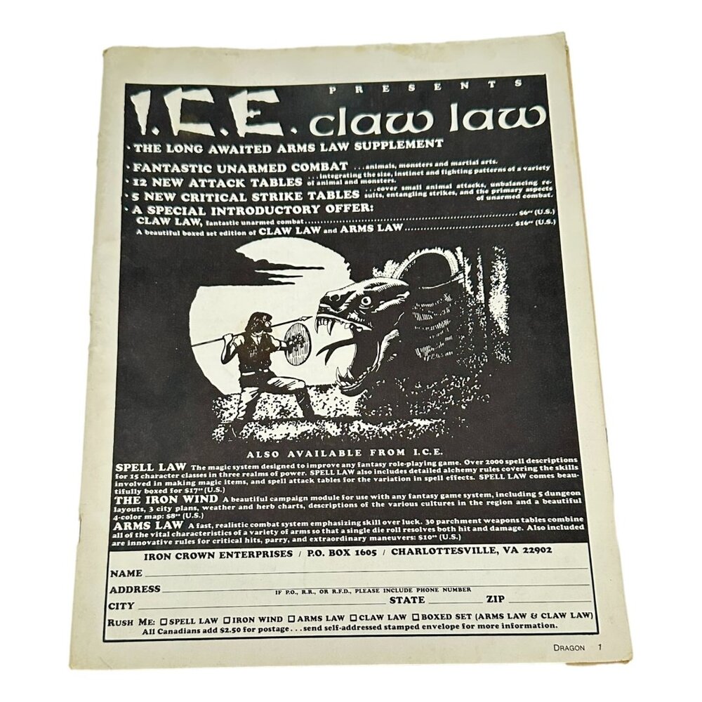 Dragon Magazine ICE Claw Law Magazine July 1982